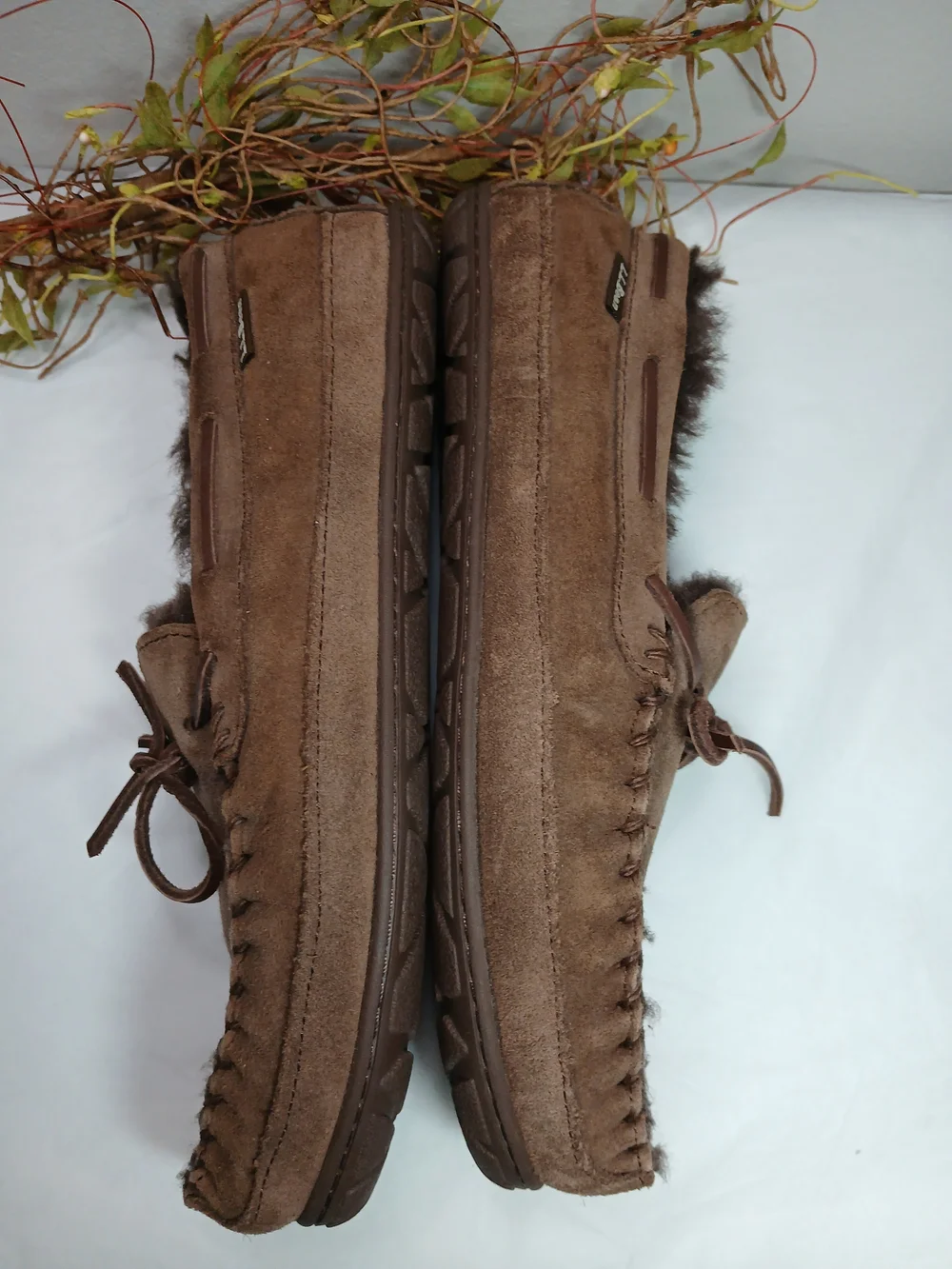 L.L. Bean Brown Suede Moccasin Slip-On Slippers with Faux Fur Lining